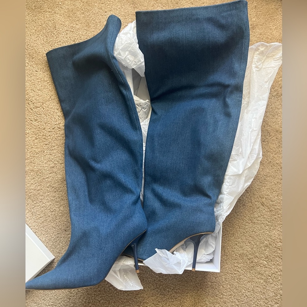 Good American Denim Blue Heeled Boots
